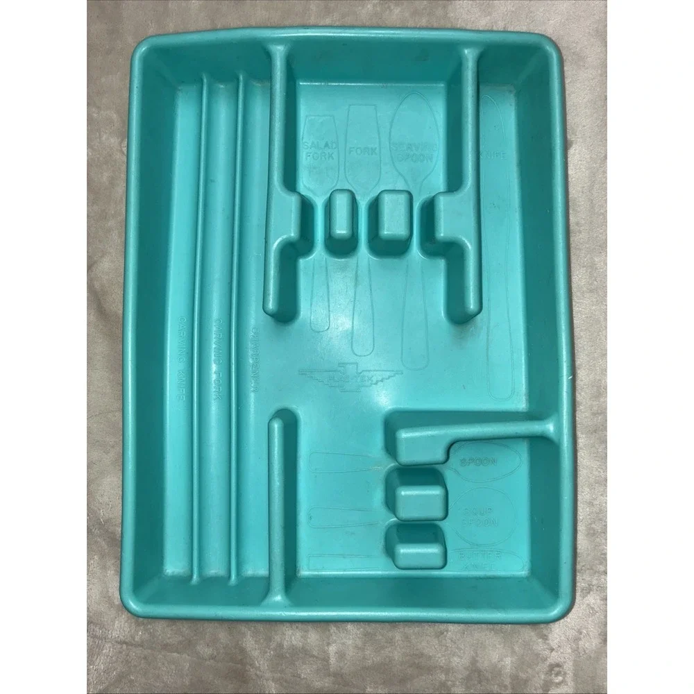 PLAS-TEX‎ Divided Silverware  Flatware Storage Tray Blue Turquoise USA Vintage